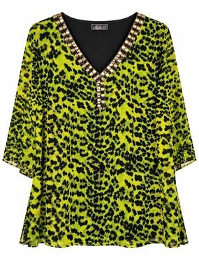 Metro 22 Leopard Print Tunic Top Green Black Embellished V Neck Plus Size 2X